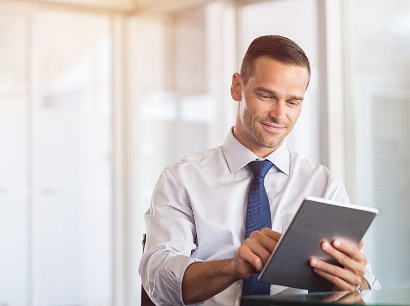 tablet and man happy