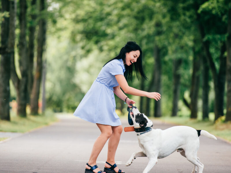 women and dog outdoor playing