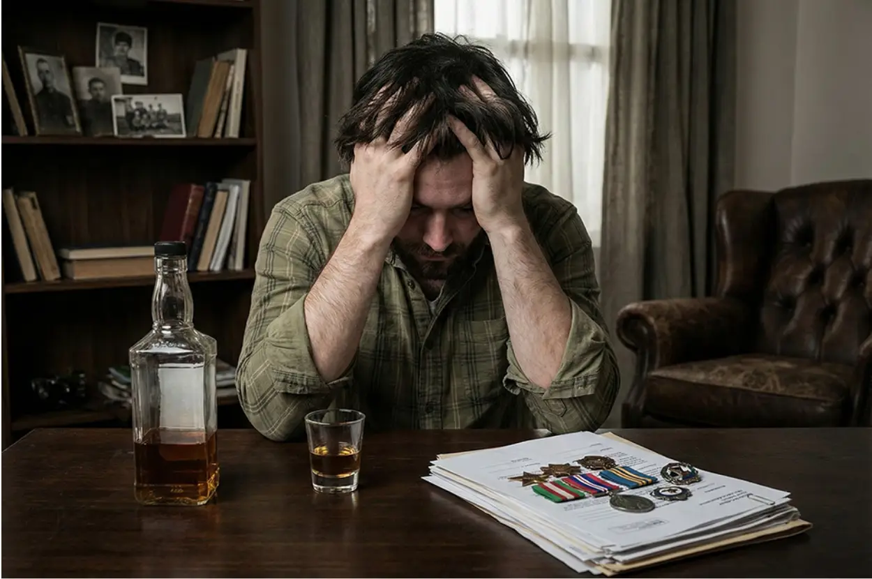 a veteran sitting at a table with service papers and medals as he battles alcoholism.