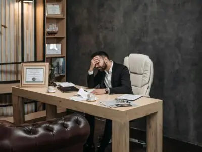 Stressed businessman in a suit sits at an office desk with his hand on his forehead, surrounded by papers and coffee.