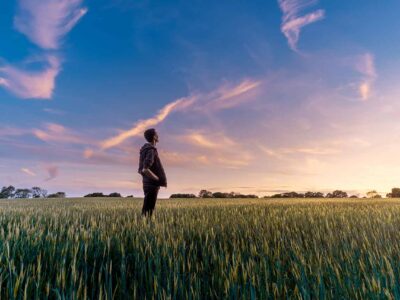 Person standing alone in an open green field looking up at a wide sunset sky, symbolizing hope and recovery.